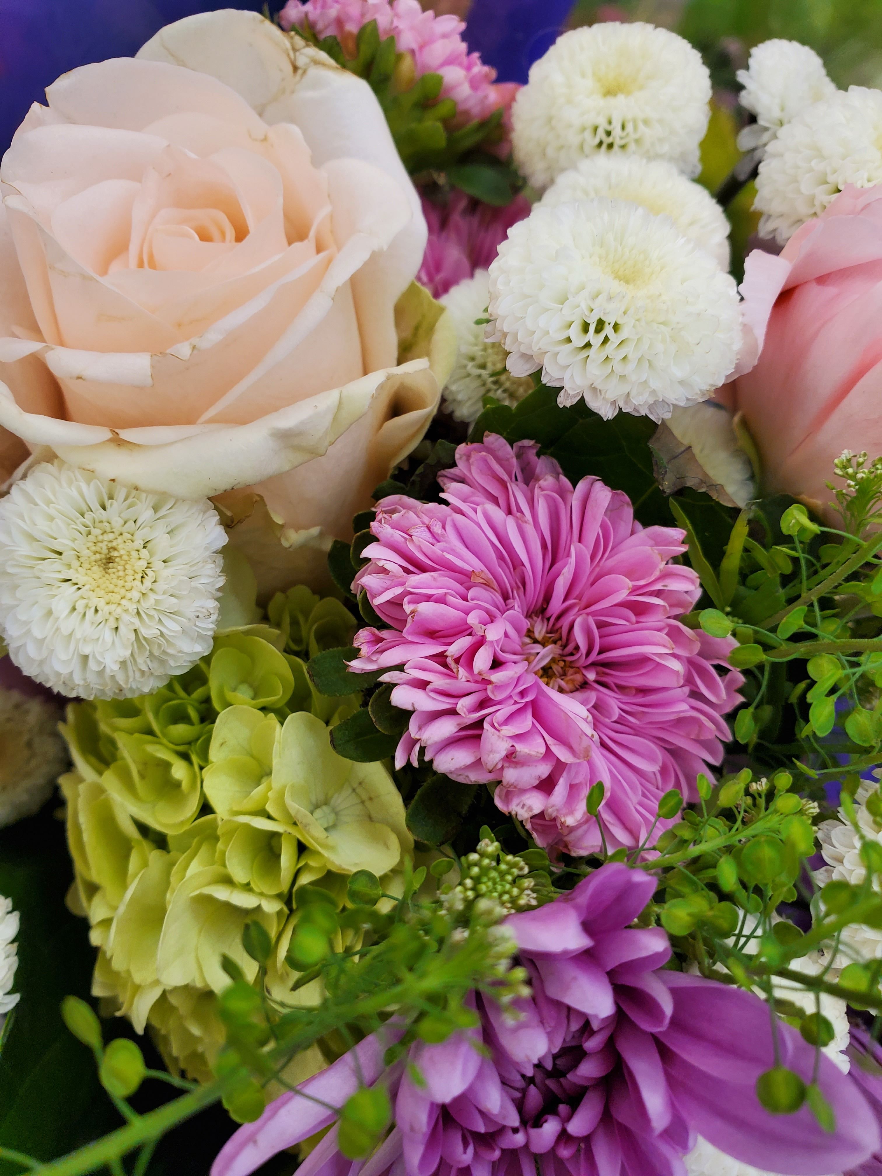 Close-up of a hand-tied bouquet with pink roses, white mums, and purple mums