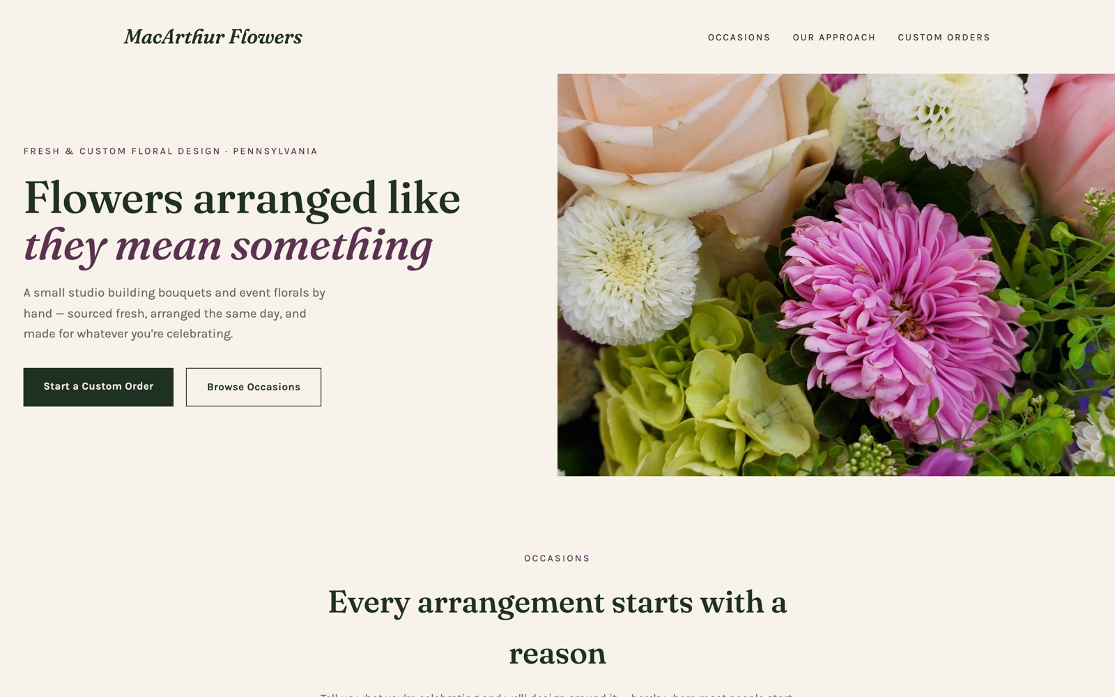 MacArthur Flowers' handbuilt website: editorial hero with a full-bleed bouquet photo