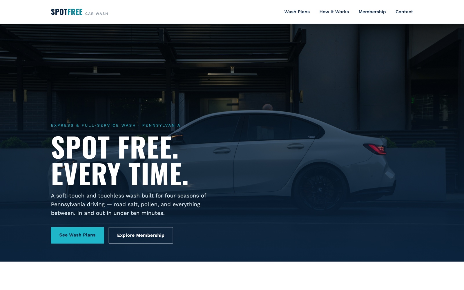 Spot Free Car Wash's handbuilt website: a bold dark hero with clear wash plans