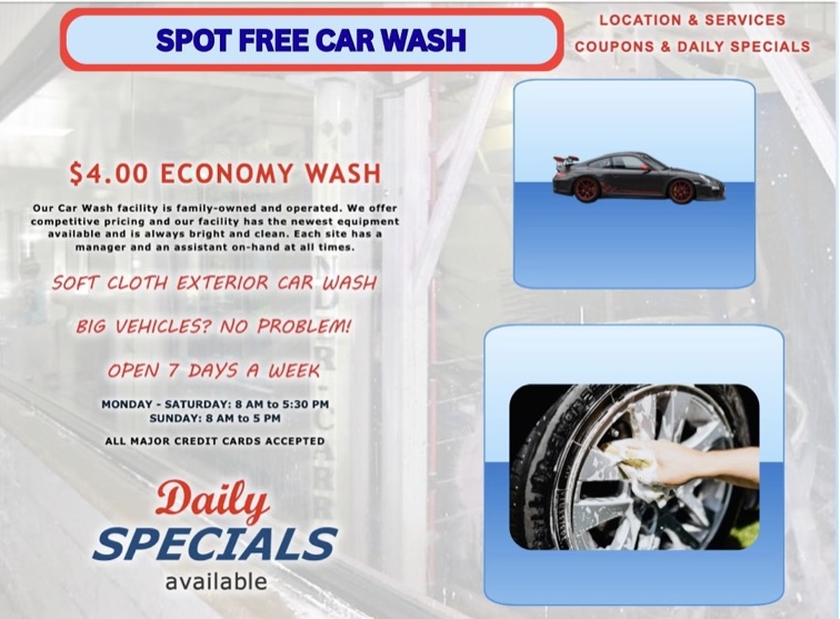 Spot Free Car Wash's old site: a cluttered flyer-style layout with clip art